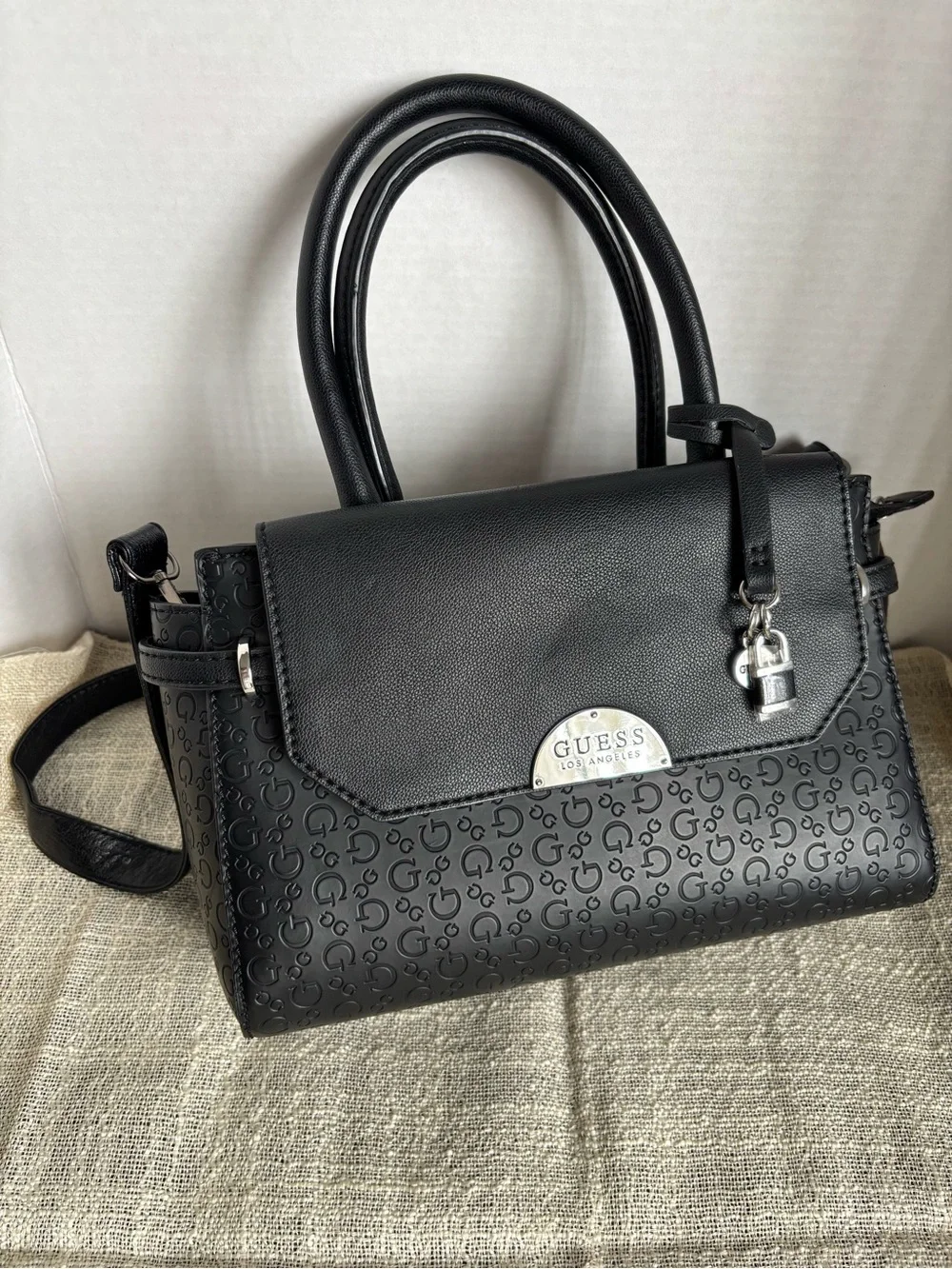 GUESS Black Logo-Embossed Top-Handle Satchel with Lock Charm